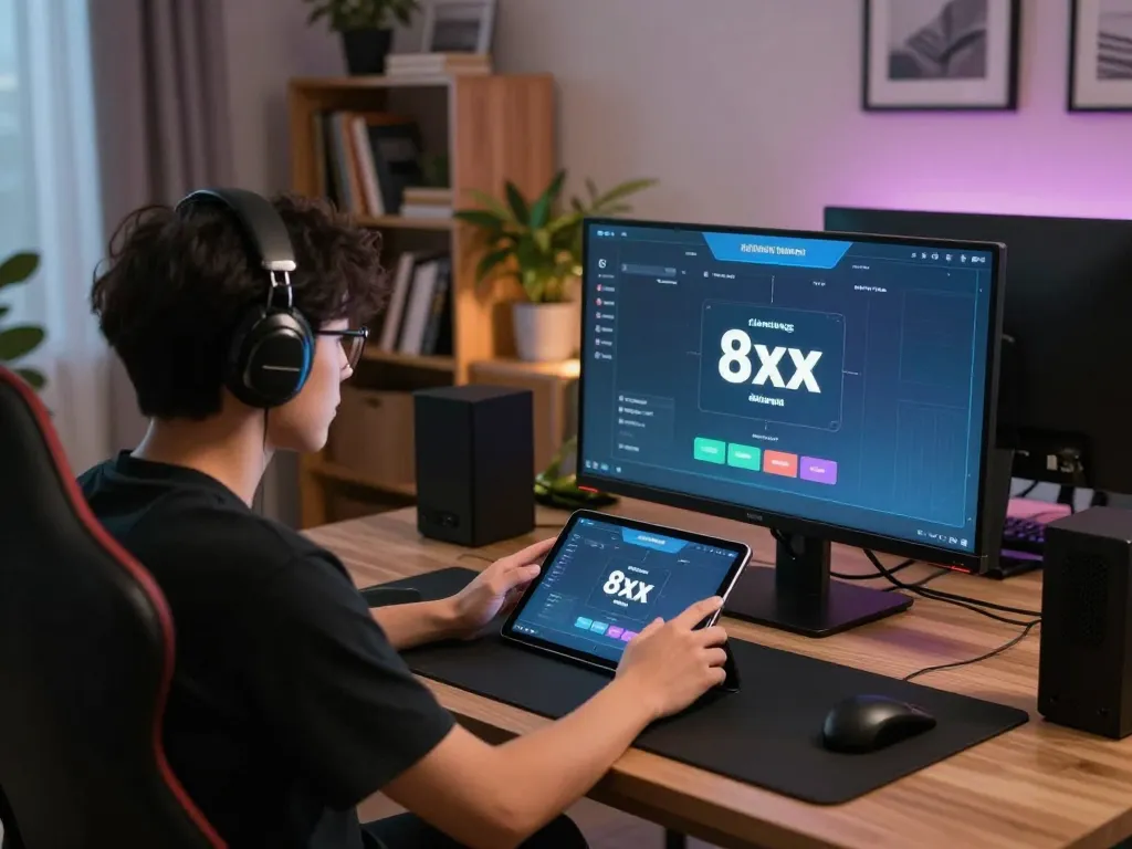 Player using 8xx đăng nhập on tablet in a cozy home office, combining comfort with strategy