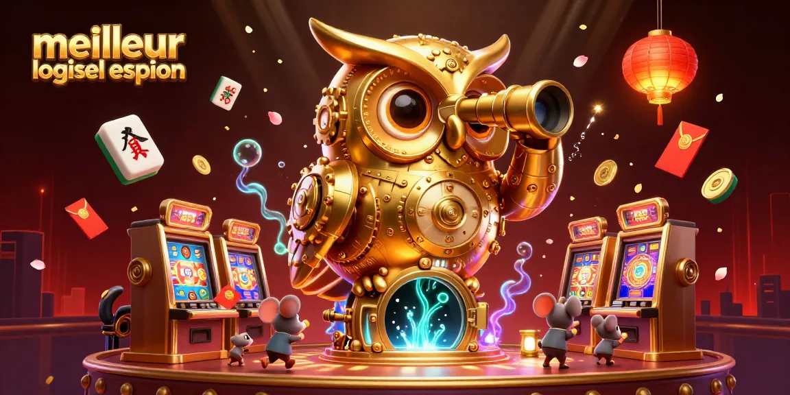 Surveillez avec le meilleur logiciel espion 2026, un hibou doré inspectant des machines à sous animées tout en se mêlant aux éléments chinois traditionnels.