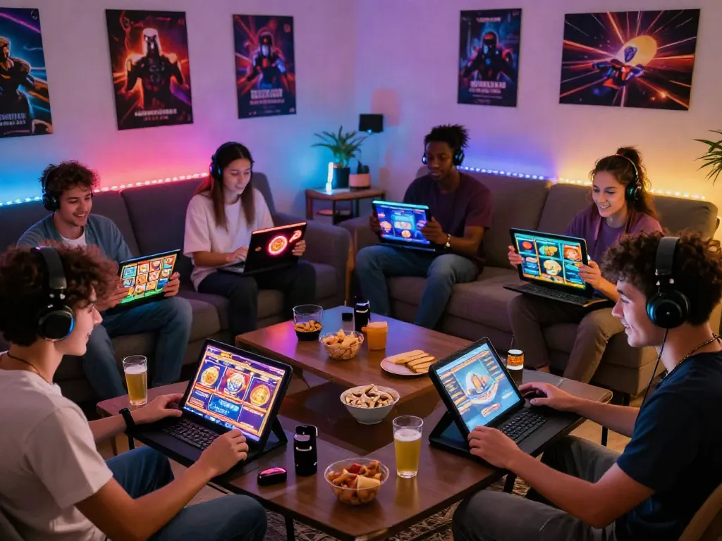 Engaged players enjoying slot games on multiple devices in a cozy living room.