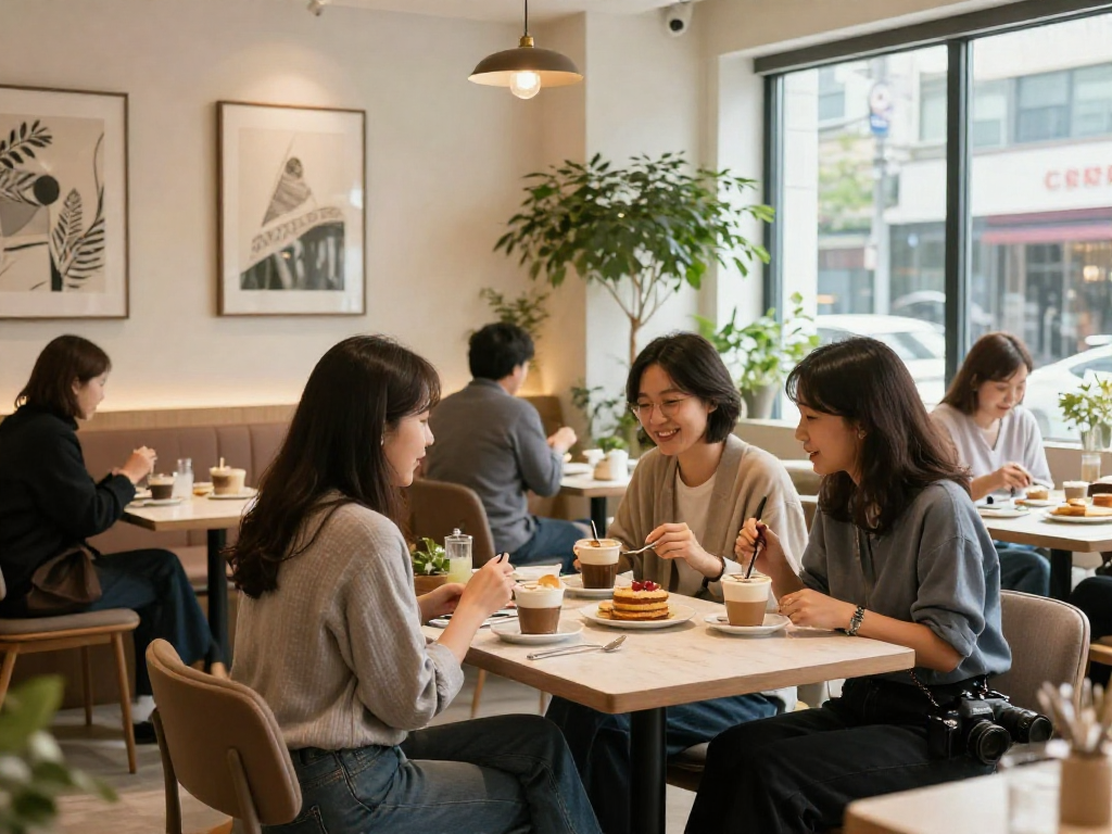 강남쩜오 분위기 좋은 카페에서 친구들과 함께 식사하는 모습