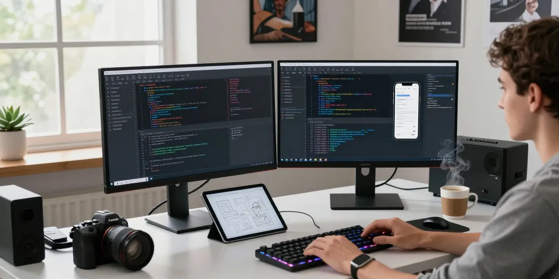 An innovative software development workspace highlighting the importance of 纸飞机中文版官网, showing dual monitors with code and design.