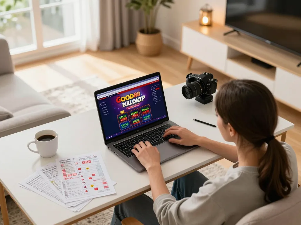 Engaging with the GOOD88 casino site on a laptop in a cozy home setting.
