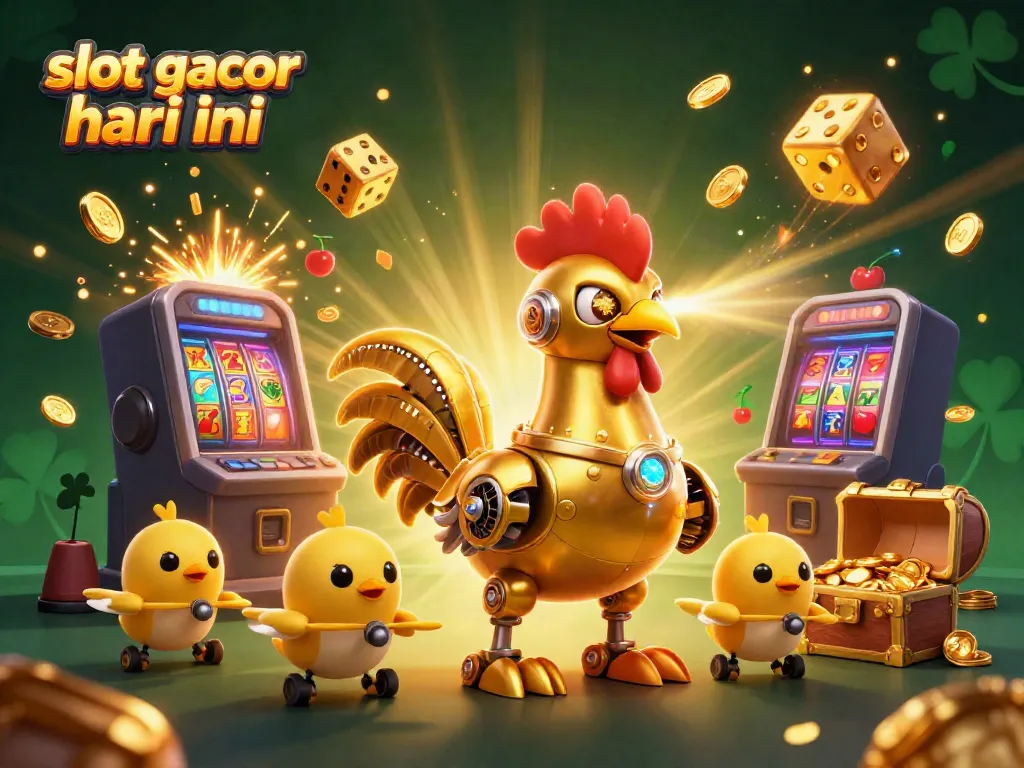 Slot gacor hari ini, roser robot emas dan drone bergerak di depan mesin slot memenangkan jackpot.