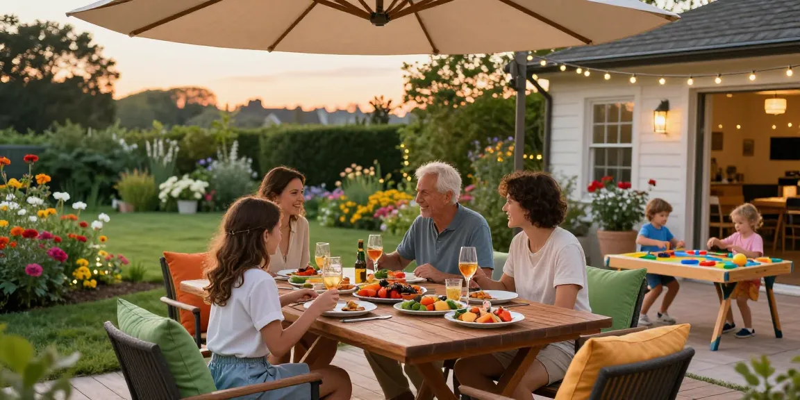 Outdoor family dinner setup featuring best patio furniture brands, vibrant cushions, and a beautiful umbrella.