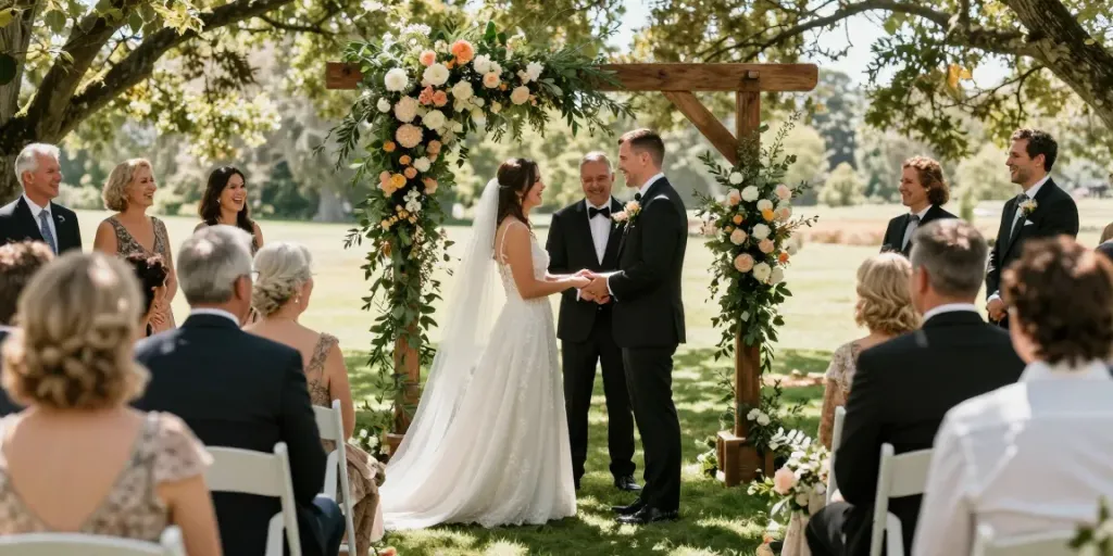 Dunedin wedding photographer capturing a couple's heartfelt vows amidst a lovely outdoor ceremony