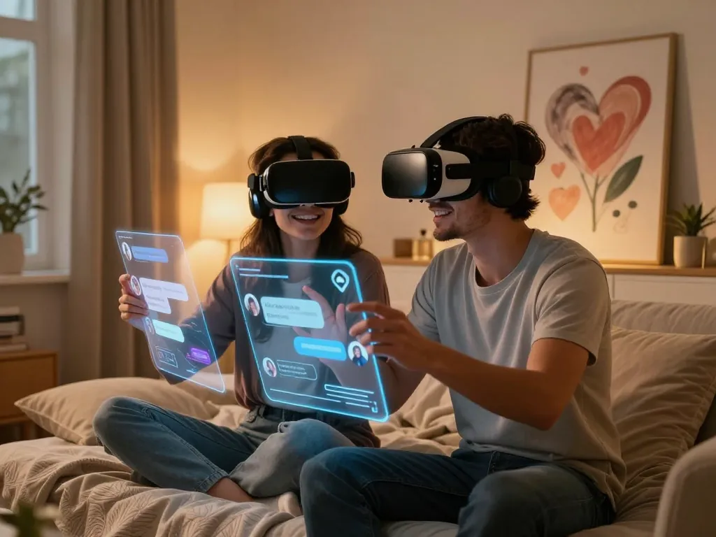 Couple exploring ai sex through virtual reality experience in a cozy setting, showcasing immersive technology.