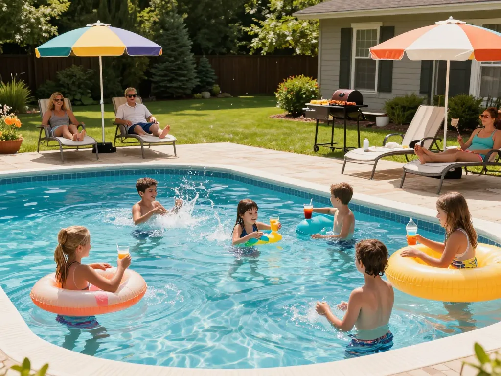 Dolphin Pool Services ensuring families enjoy a perfect summer day by their vibrant backyard pool in Virginia.