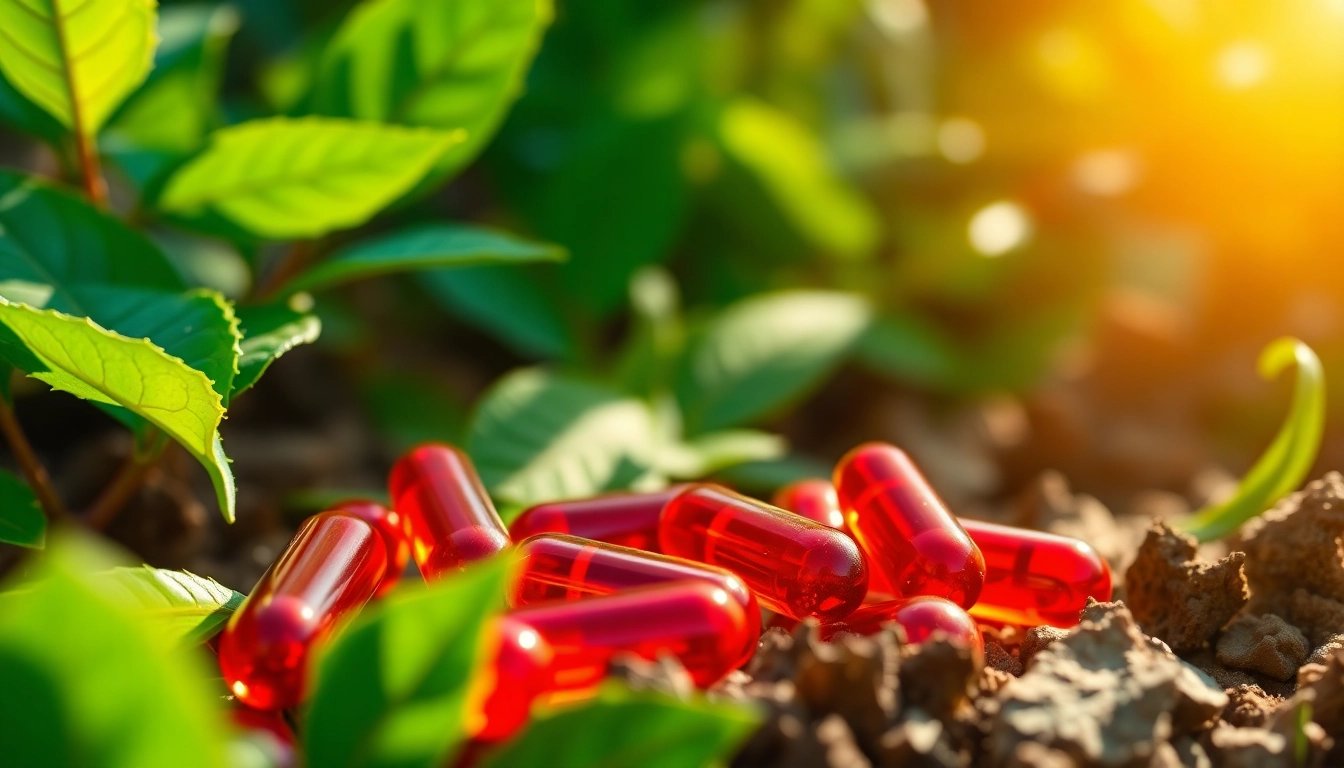 Showcasing astaxanthin capsules as the strongest antioxidant in nature surrounded by green foliage.