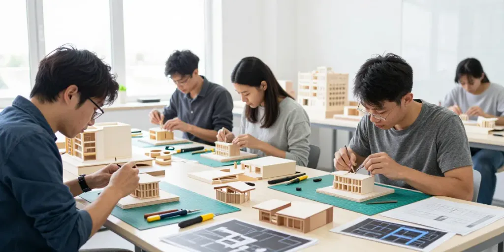 Architektur Modellbau Hannover - Handwerkliche Präzision in der Werkstatt mit Modellen und Werkzeugen.