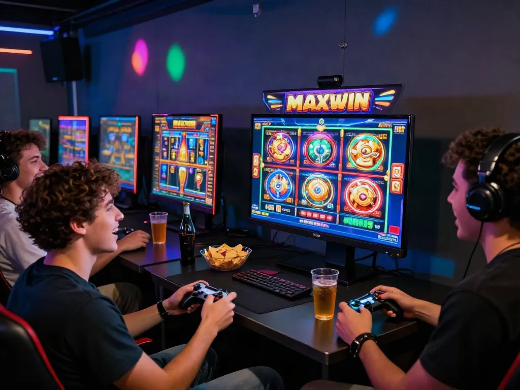 Friends playing slot maxwin games in a lively gaming room with vibrant graphics.