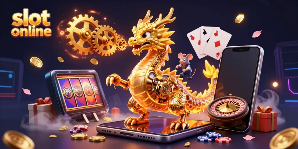 Experience thrilling slot online action with an intricate golden dragon and vibrant gaming elements.