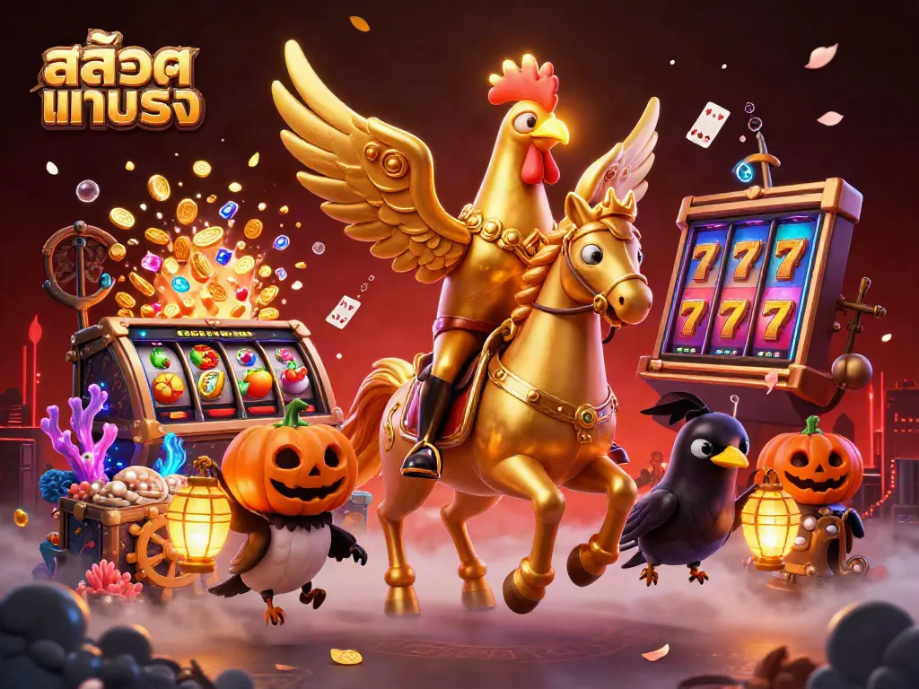 Experience สล็อตแท้ตรง with vibrant slots and a golden rooster in a mystical casino