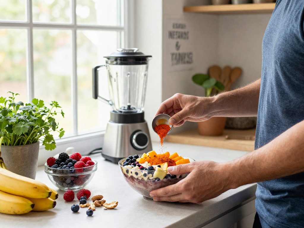 Creating a smoothie bowl with natural astaxanthin, vibrant fruits, and a healthy kitchen backdrop.