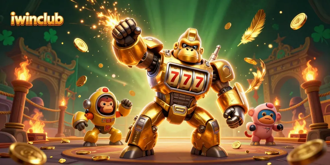 Experience engaging gameplay at iwinclub with a dynamic illustration of a golden mech and exciting casino elements.