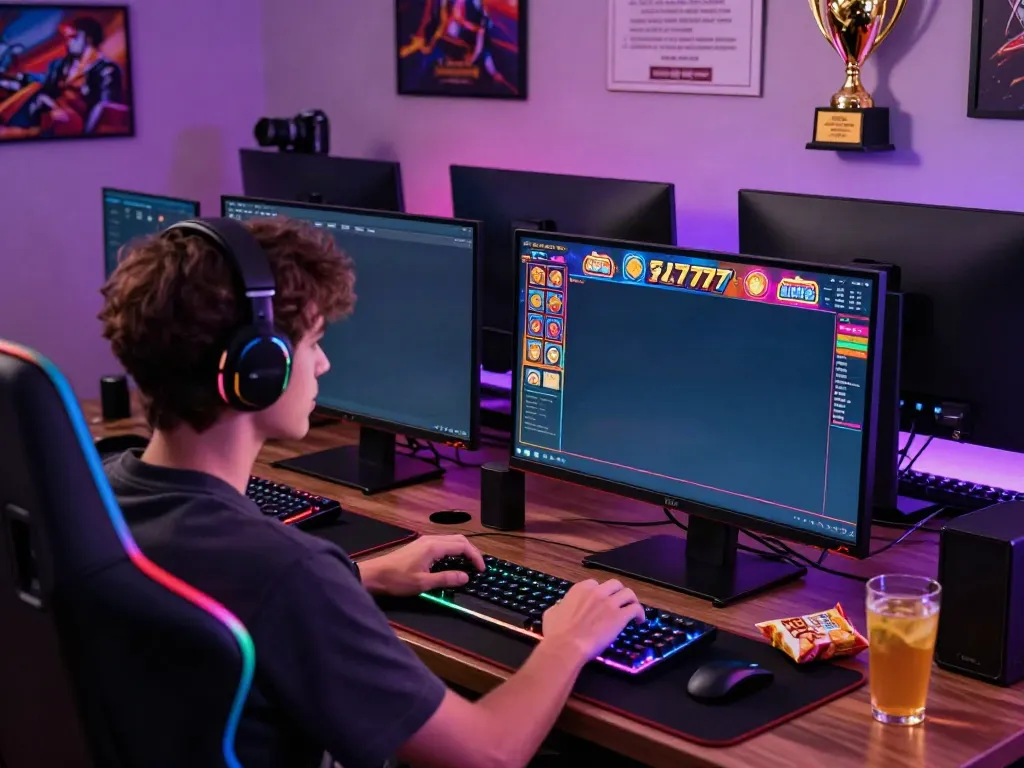 Menampilkan pengalaman bermain slot777 dengan pemain fokus pada layar permainan slot yang berwarna-warni dan set peralatan gaming yang canggih.