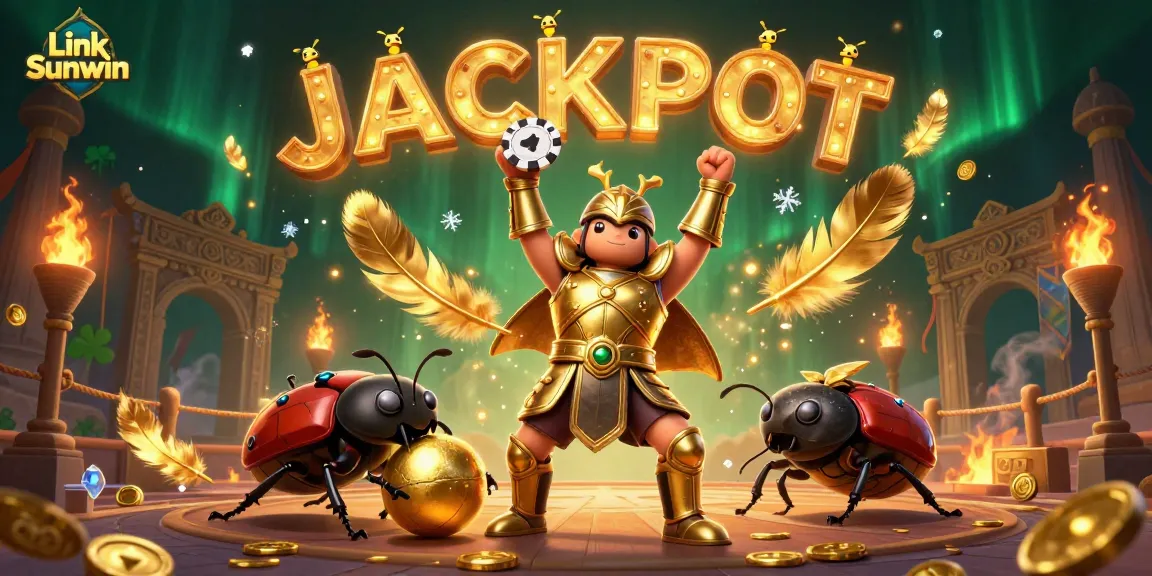 Engage with the vibrant Link Sunwin casino scene showcasing a victorious hercules beetle in an exciting gaming arena.