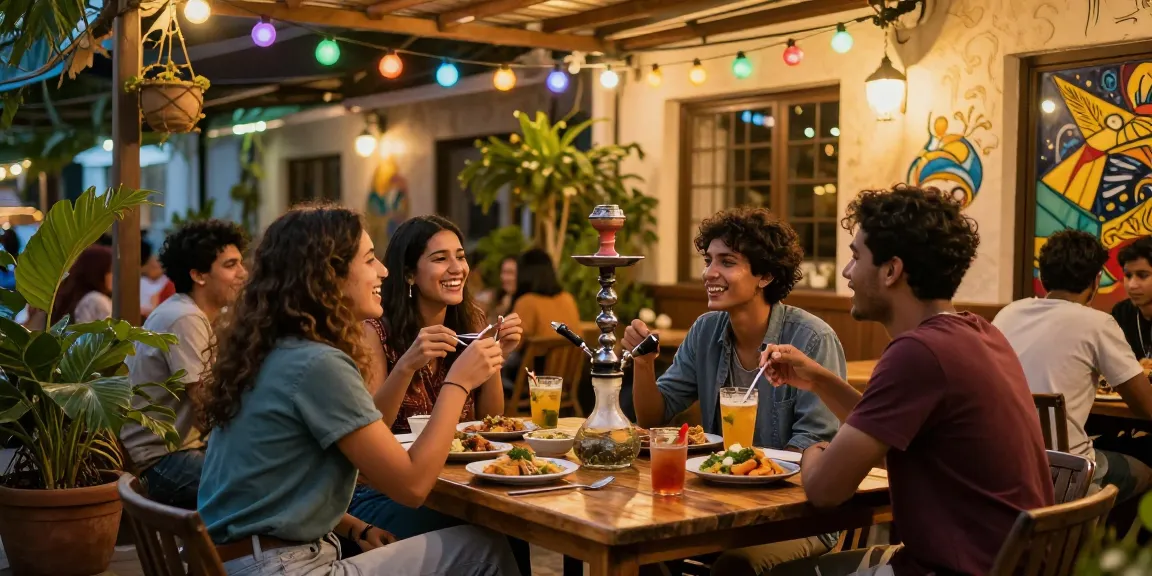 Friends enjoying rokok 88 experience at a vibrant café, sharing food and laughter.