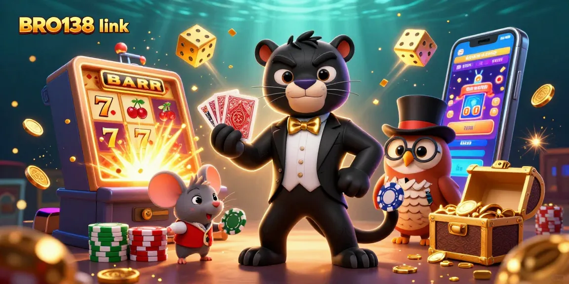 Experience the excitement of BRO138 link with a vivid 3D scene featuring a stylish black panther and lucky characters.