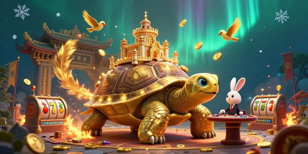 Experience the thrill of jackpot slots with a golden tortoise, rabbit dealer, and energetic visuals.