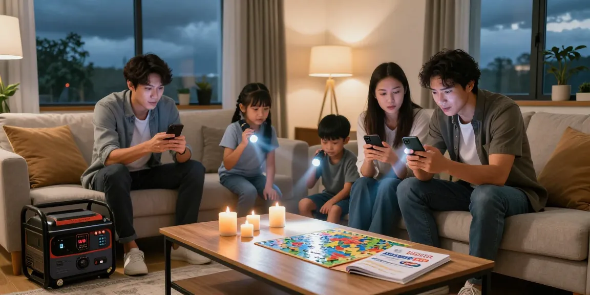 What to do during a power problem in a living room with a family preparing for a power outage.