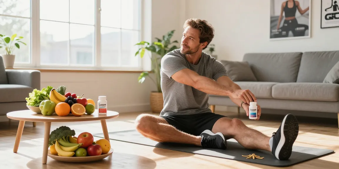 Man practicing yoga with Levitra in hand and healthy foods nearby to symbolize enhanced sexual health.
