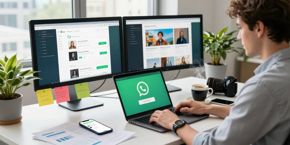 Active user downloading WhatsApp下載 on laptop in a modern workspace.