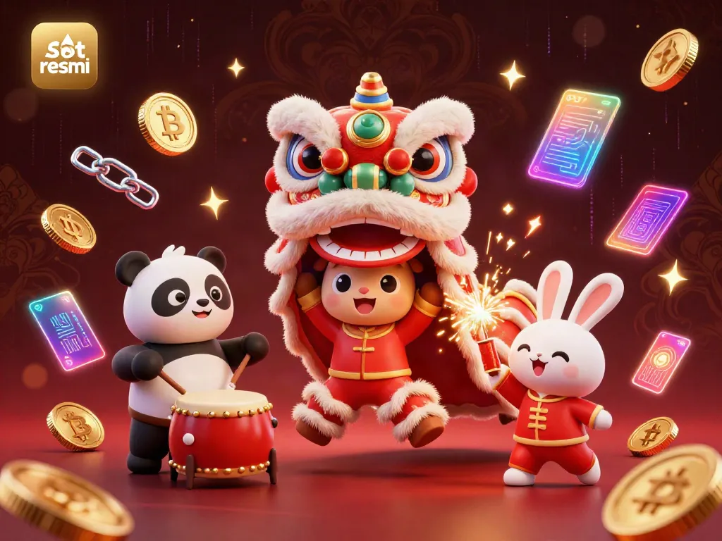 Engage with slot resmi through a vibrant illustrative scene showcasing a lion dance and crypto elements.