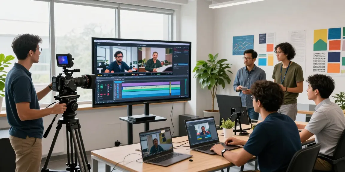 Corporate Videography Singapore team collaborating in a vibrant studio setting, capturing dynamic video content.