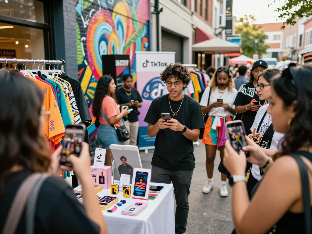 TikTok Shop Still Profitable scene showing young entrepreneurs engaging customers in a vibrant pop-up retail environment.