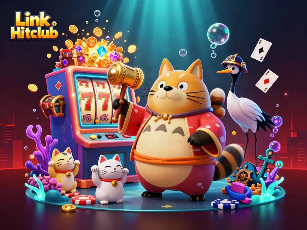 Spin the reels for gold with Link Hitclub in this vibrant casino scene featuring a cheerful tanuki.