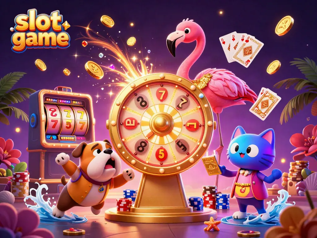 Experience the excitement of a slot game with a 3D cartoon scene featuring a flamingo host, bulldog contestant, and vibrant prizes.
