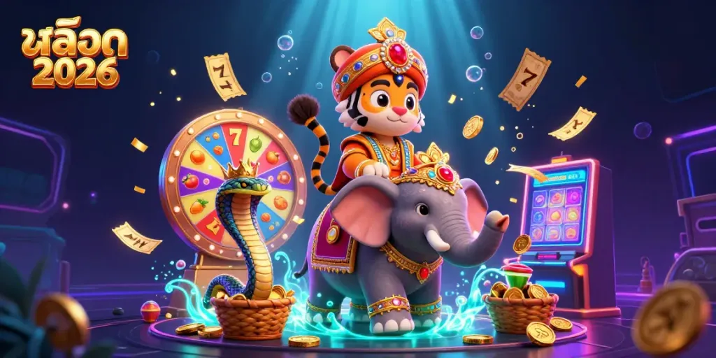 Spin the iconic slot reels with สล็อต 2026 themed elements in a vibrant, rich 3D scene full of excitement.