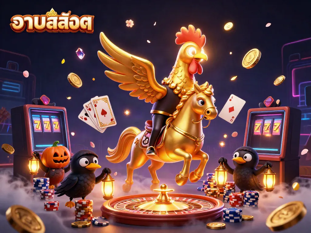 Engage in thrilling gaming adventures with รวมสล็อต showcasing a golden rooster, coins, and neon lights