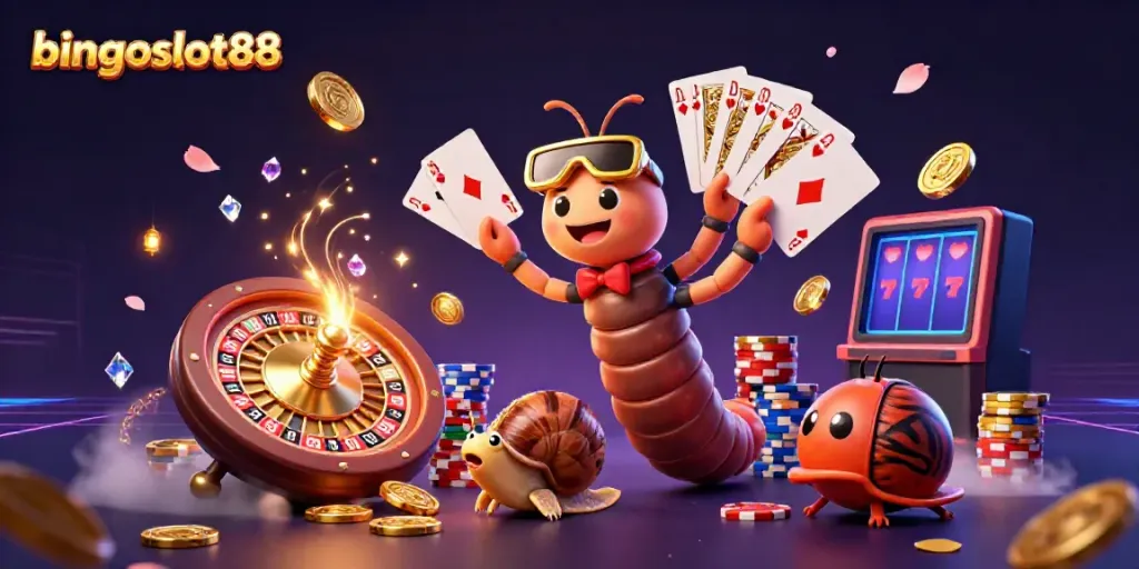 Bermain bingoslot88 dengan dealer kartun unik dan banyak chip seru mengelilingi permainan slot yang menarik.