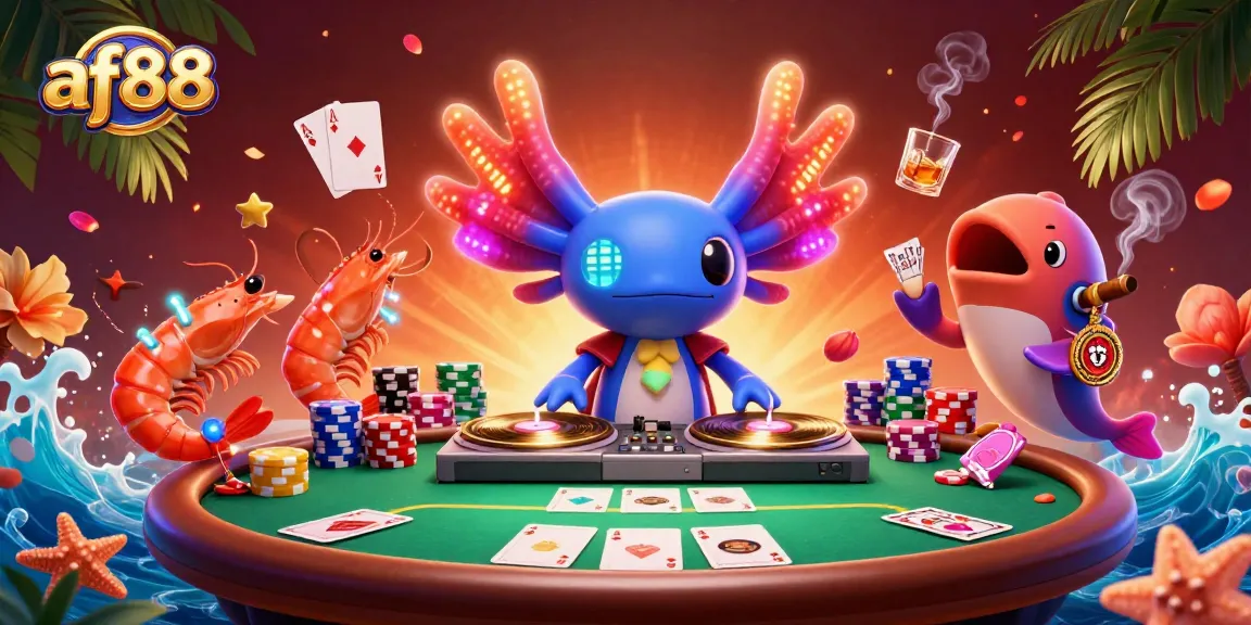 Join the excitement at af88 with a vibrant casino scene featuring a DJ, poker elements, and underwater characters.