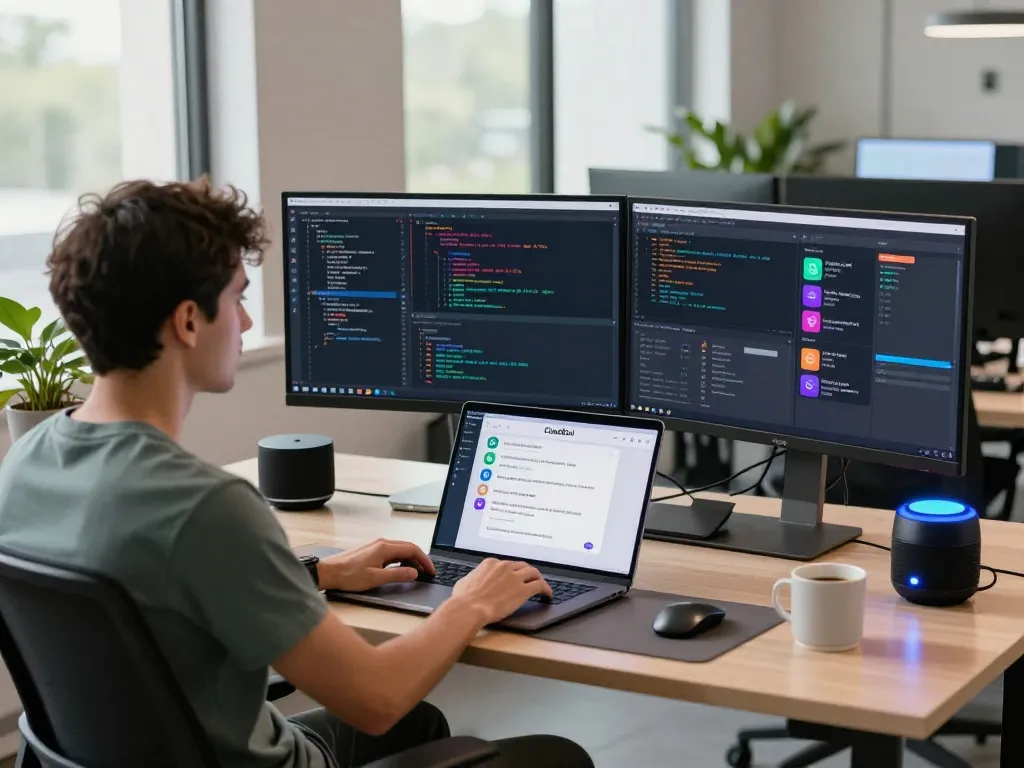 Developer using clawdbot ai on multiple screens in a modern workspace.