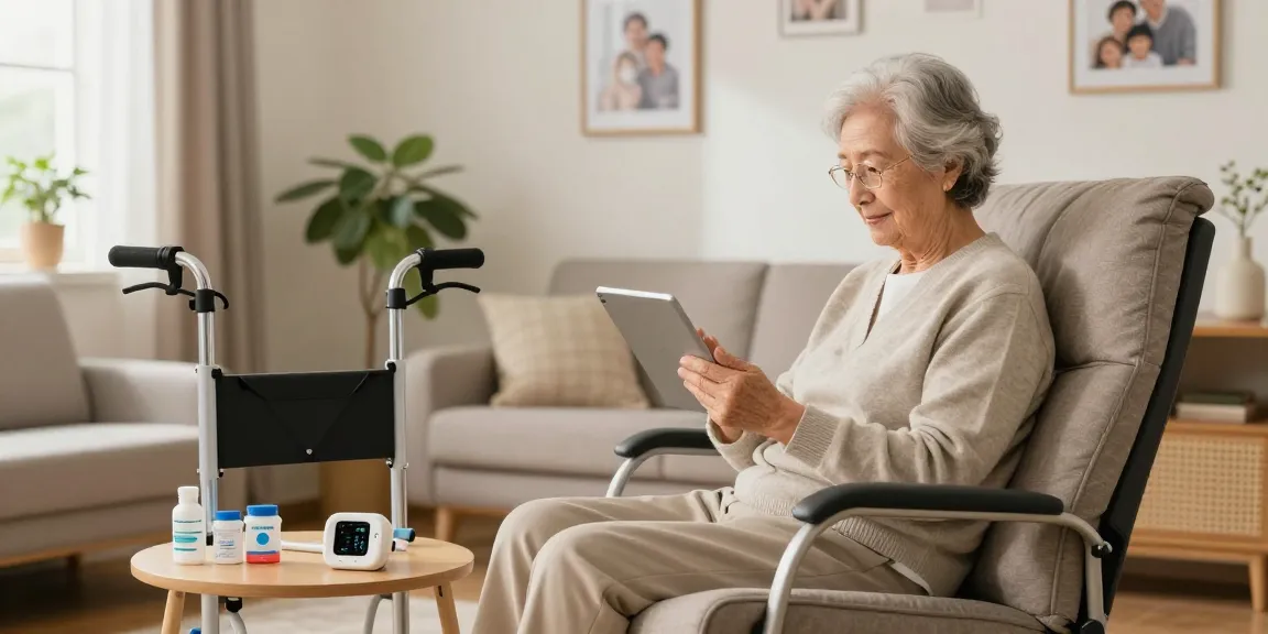 Senior enjoying browsing on tablet with medical supplies from hkseniormall.com, in a warm and inviting home environment.