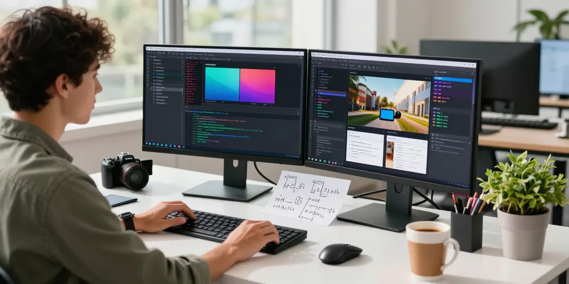 AI image checker in use at a modern tech workspace, showcasing coding and image analysis tools.