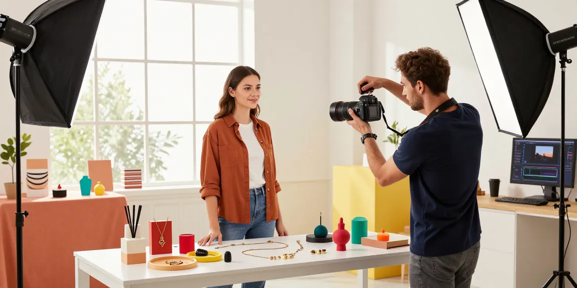 Photo e-commerce : un photographe professionnel capturant des images d'un modèle avec des accessoires dans un studio moderne.