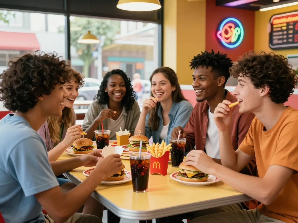 Friends enjoying fast food prices at a lively restaurant with vibrant decor