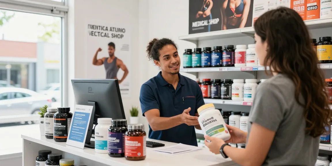 Customer receiving expert advice on products from Driada Medical Shop in a vibrant, modern supplement store.