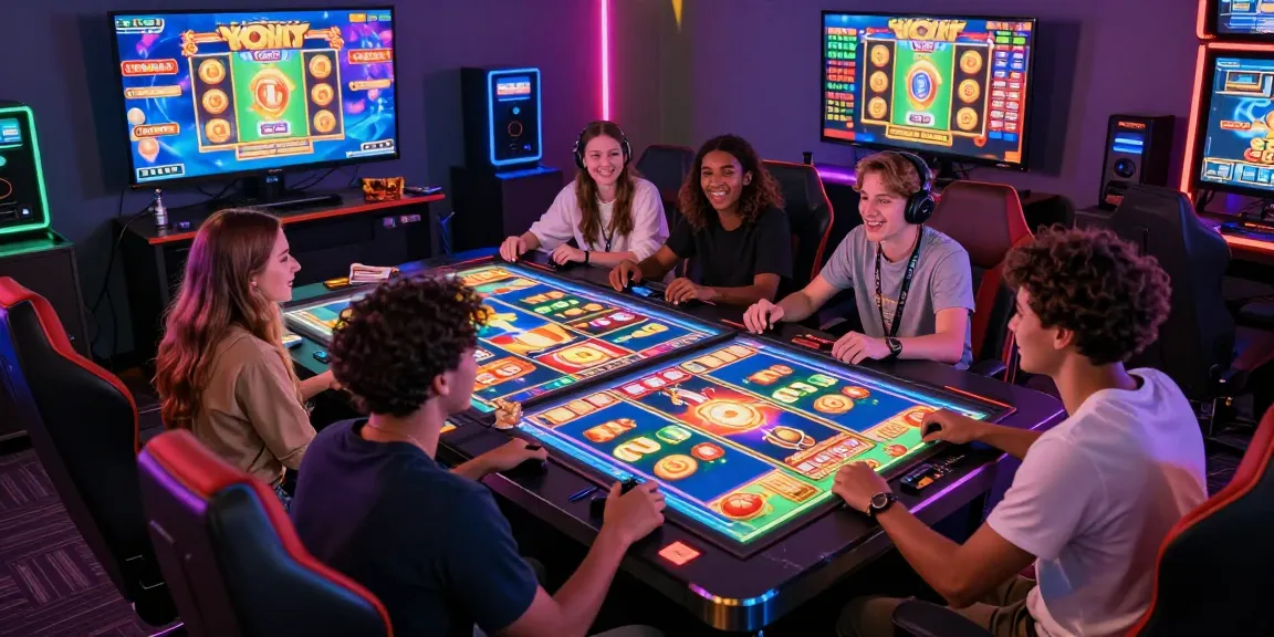 Exciting gaming group playing slot deposit 5000 game with vibrant visuals and interactive elements in immersive environment.