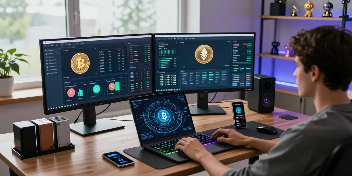 Mining crypto online with advanced setup in a tech-savvy home office featuring multiple screens and ambient lighting.