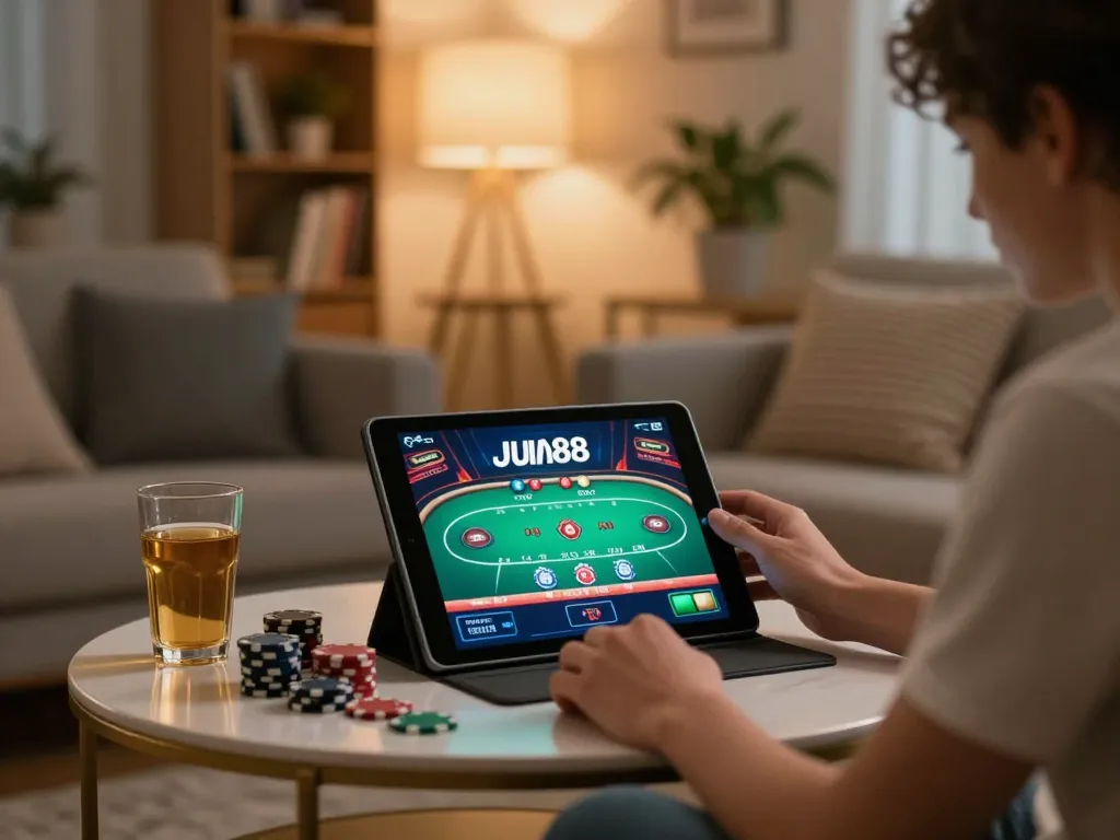 Playing exciting online poker game on Jun88 com at home with vibrant tablet screen and cozy atmosphere.