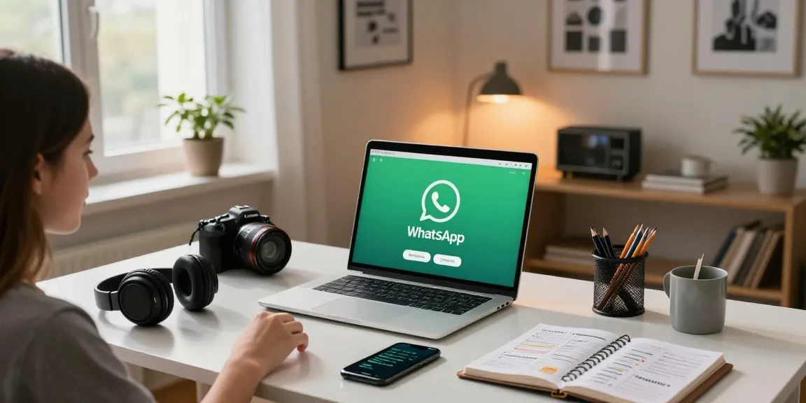 Using WhatsApp網頁版 in a modern workspace with laptop and tech gadgets.