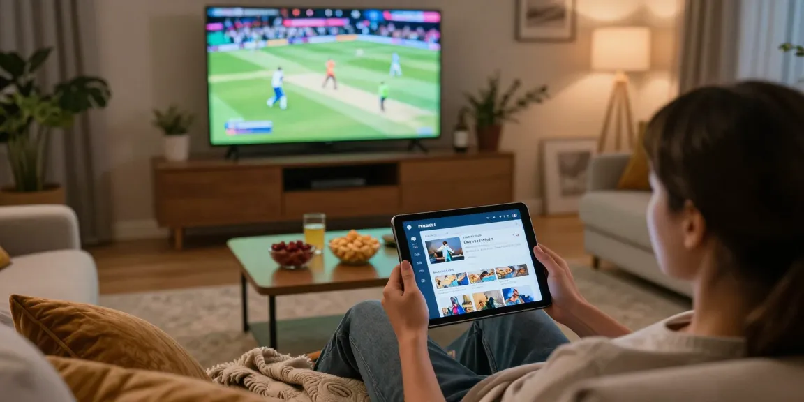 Engaging home scene of a user exploring Pikashow APK for cricket and movies on a tablet while cozying up on a couch.