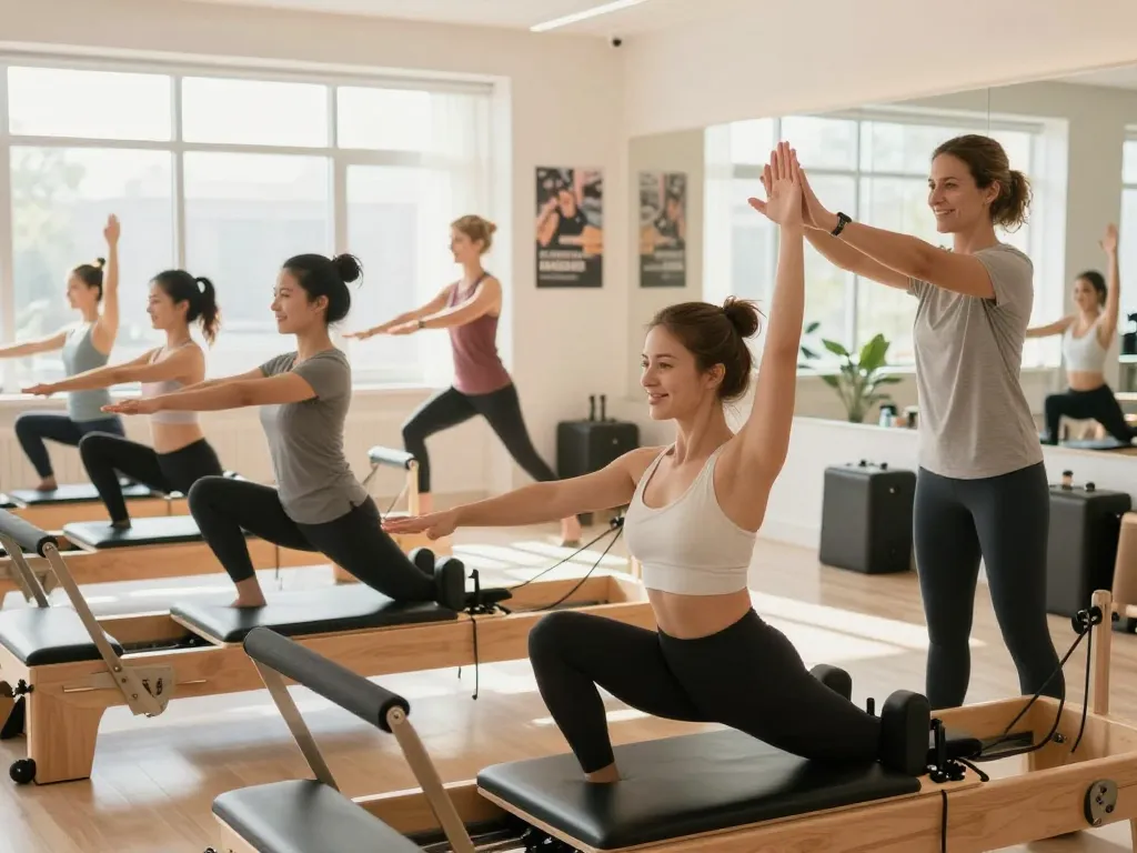 明るいフィットネススタジオでリフォーマーを使用する熱心な参加者たちの活気あるZen Place Pilates 口コミクラスのシーン。