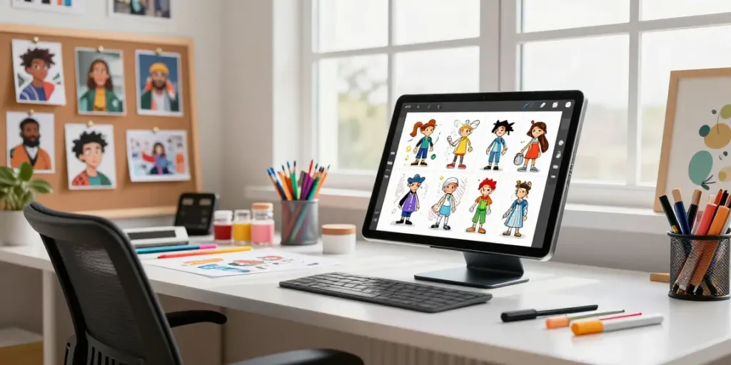 Artist utilizing a consistent character generator in a colorful studio workspace