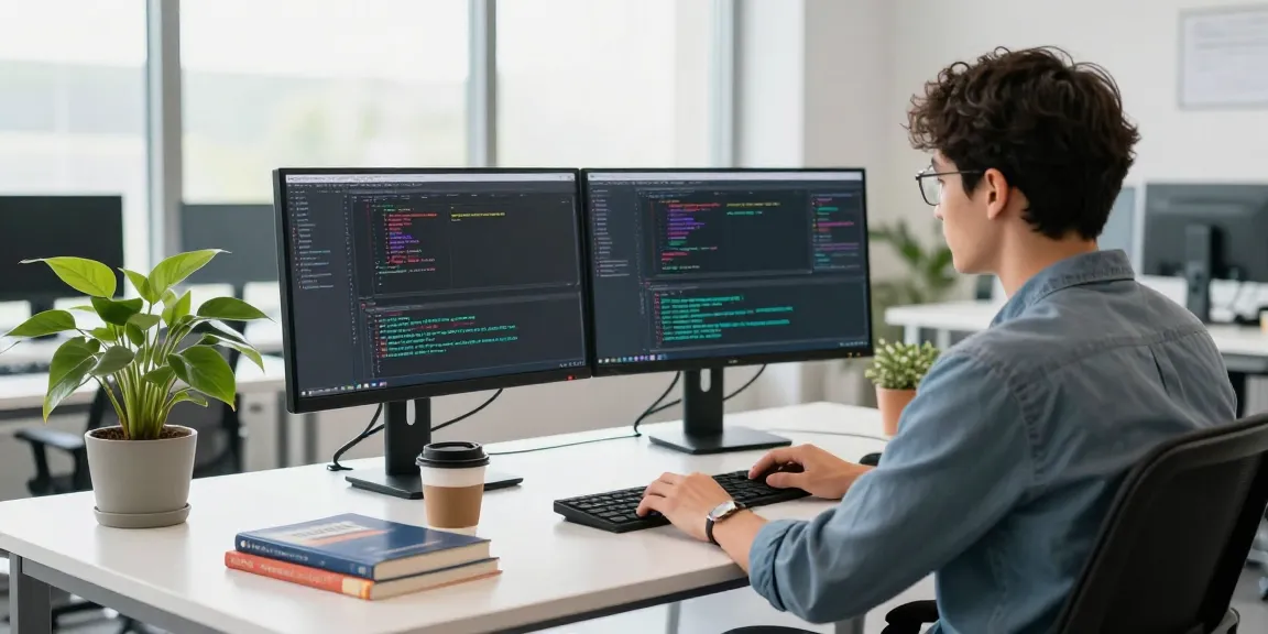 Developer coding on dual monitors at 纸飞机官网 workspace, highlighting modern software environment.