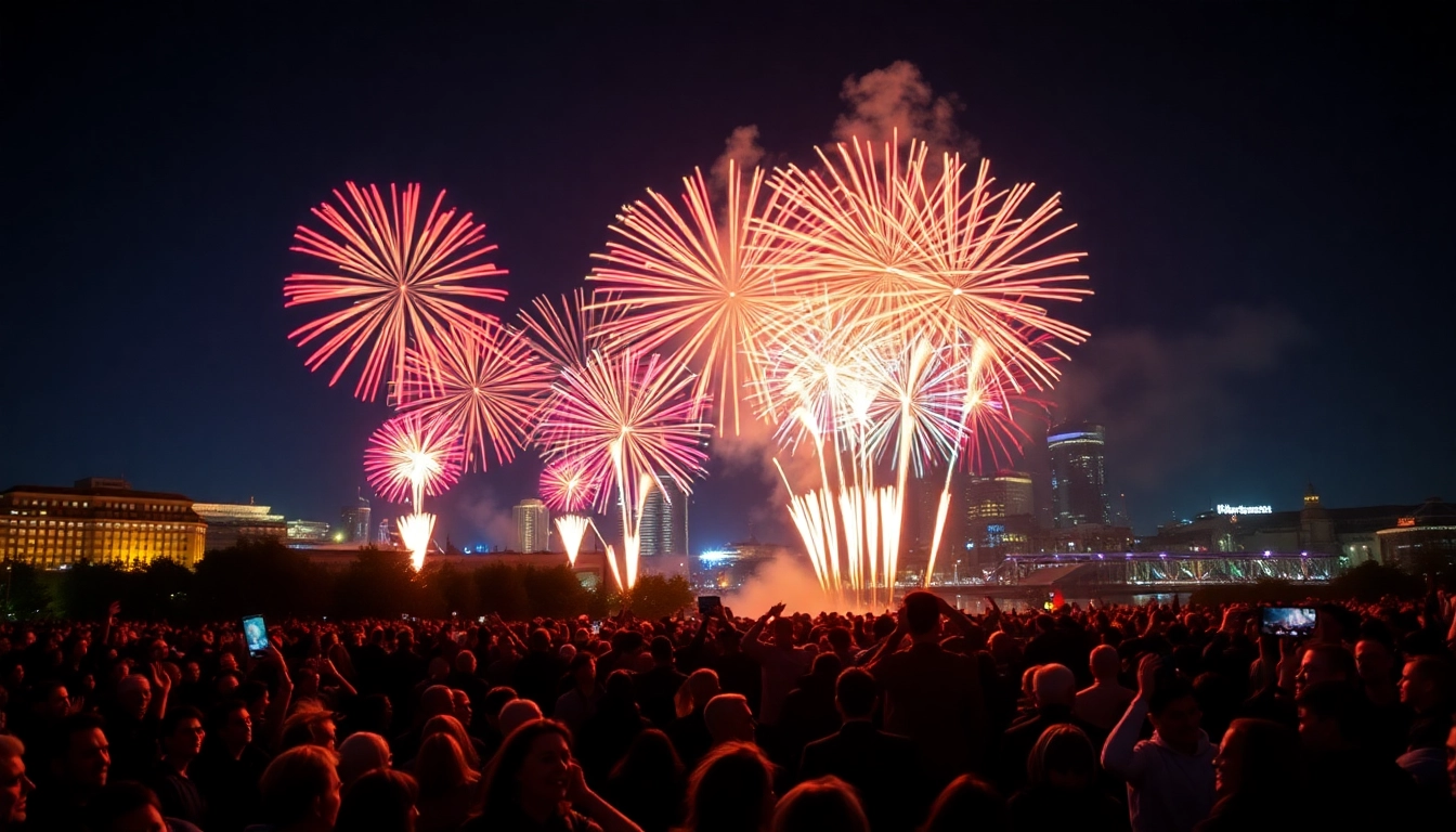Experience the magic of fireworks in Manchester; vibrant display lighting up the skyline and crowd.
